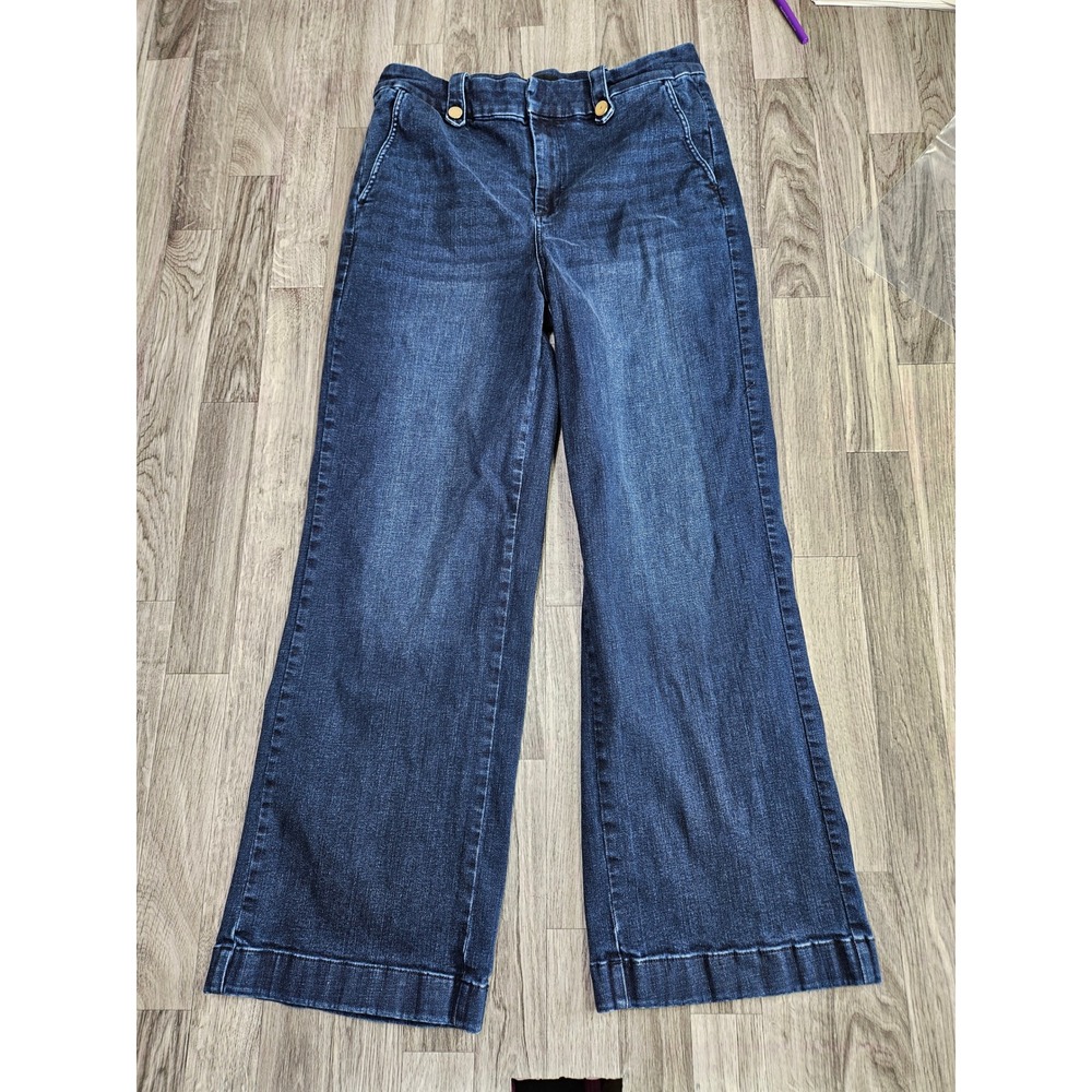 Talbots Wide Leg Jeans Womens 14 Blue Moonlit Wash Gold Button High Rise Denim